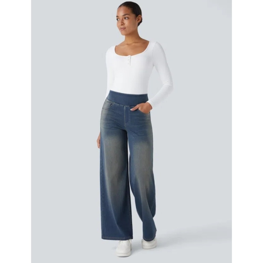 NWT Halara Flex High Waisted Pockets Baggy Wide Leg Washed Casual Jeans Large